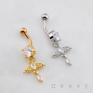 DANGLE  MULTI CZ  ANGEL WING CHARM TEARDROP BELLY BUTTON NAVEL RING 316L SURGICAL STEEL